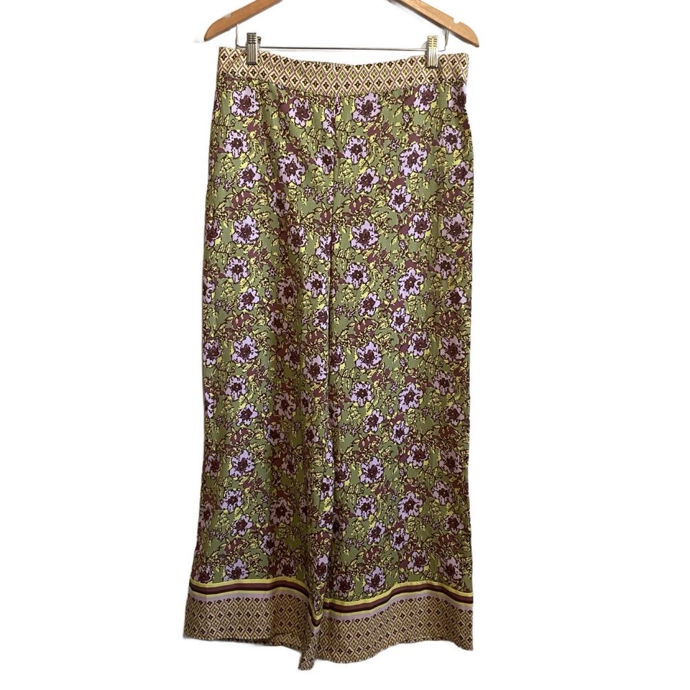 Cupcakes & Cashmere Green Purple Floral Geometric Wide Leg Pants Large NWT Boho